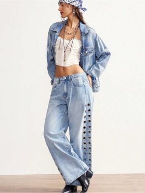Bohemian Traders Light Wash Wide-Leg Jeans with Grommet Side Trim
